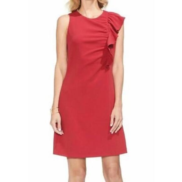 Vince Camuto Women Claret Red Asymmetrical Ruched Ruffle Sheath Dress 6 - Picture 1 of 5